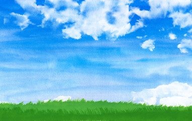 Fototapeta na wymiar 緑の草原に青空と夏雲水彩画 
