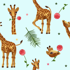 Cute Tropical giraffe seamless pattern. Pattern with wild animals, Head Giraffe, flower, leaf. 3d Vector illustration