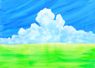 Obraz premium 緑の草原に青空と夏雲水彩画 