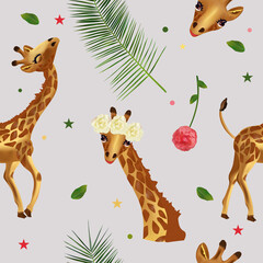 Seamless pattern cute Tropical giraffe, wild animals, flower, leaf. Pattern with wild animal for your design. 3d Vector illustration