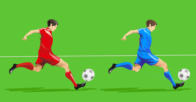 Footballer with a ball in attack. Vector illustration of a football player in blue and red outfit equipment. Soccer player.