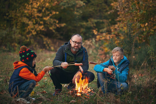 Father whith his sons roasting on sticks over flames in a campfire. Family holiday in nature