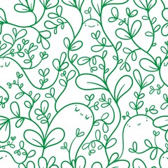 Seamless pattern with  plants  and cute creatures on  white background. Vector print with herbs. Doodle botanical wallpaper.