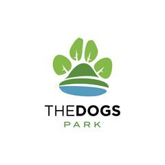Dog Park Lake Outdoor hills, Modern Paw Shape Puppy Animal Fun Cartoon Logo Design Template Vector Abstract Illustration