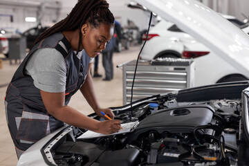 african Female mechanic in overalls at work, checking car hood writing notes in tablet while standing in auto repair service center, side view