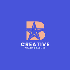 Orange negative space star on letter B logo ini blue background