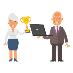 Old business woman holding gold cup and smiling. Old businessman holding laptop and smiling. Vector characters
