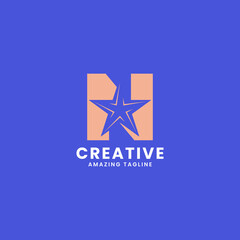 Orange negative space star on letter N logo ini blue background