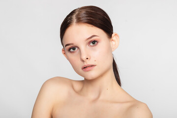 Beauty skin woman natural makeup face cosmetic concept. Beauty portrait of female face with natural clear skin