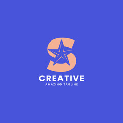Orange negative space star on letter S logo ini blue background