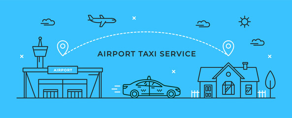 Vector linear illustration with a cab driving from airport building to the home. Concept for transfer and taxi service. Car, house and airport terminal outline icons. Stylish flyer or banner. - obrazy, fototapety, plakaty