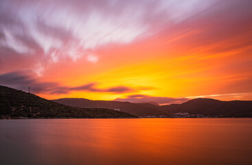 Fototapeta na wymiar Dreamy Sunset at Torba, Bodrum region, Turkey. Long exposure picture, october 2020