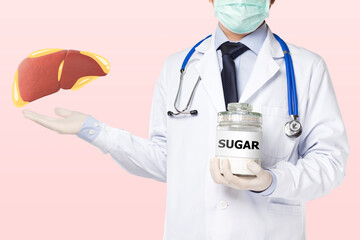 doctor showing fatty liver and sugar - obrazy, fototapety, plakaty