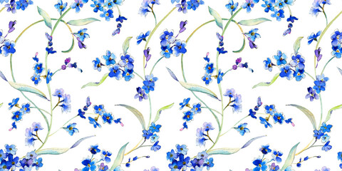 Watercolor forget me not flowers seamless pattern. Watercolor blue flowers, boho meadow flowers background, Wild floral seamless texture for apparel, wallpaper, wrapping paper, nursery. Small scale 
