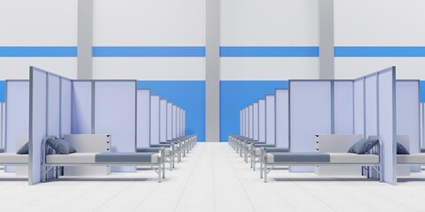overview of Beds are ready in a quarantine facility for COVID-19 patients - 3D render