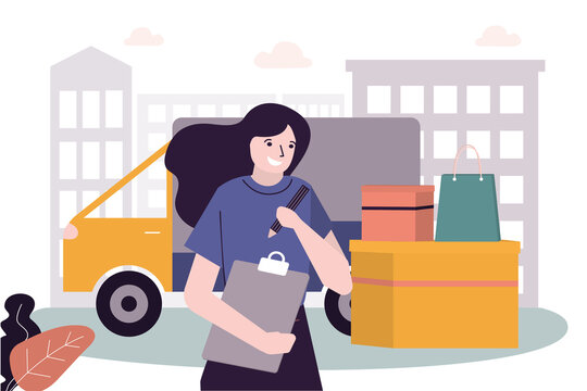 Woman courier with checklist delivered parcels. Female deliver package from online marketplace. Fast shipping service, transportation company