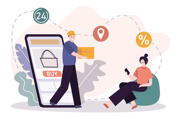 Courier delivers package to customer. Female character ordered different products in e-shop