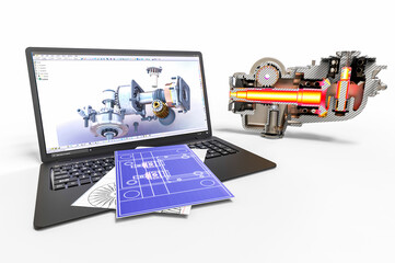 3D render image of a gearbox representing computer aided design for engineers 