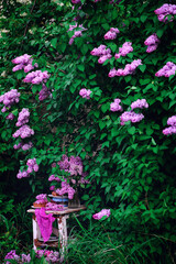 Lavender glaze cake on a table in a spring garden..style vintage