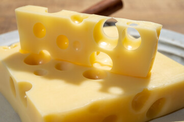 Cheese collection, blocks of French emmentaler cheese with many round holes made from cow milk