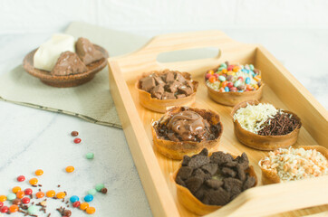 Martabak Manis is Indonesia dessert. Sweet Martabak with chocolate, cheese, peanut. this picture in white background and blurry, selective object.