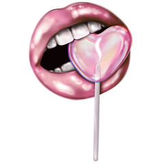 Abstract lips with lollipop heart. Sexy woman with pink lips holding lollipop, beauty close up.