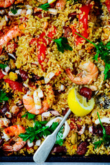 Spanish  seafood paella a in a oven .top view