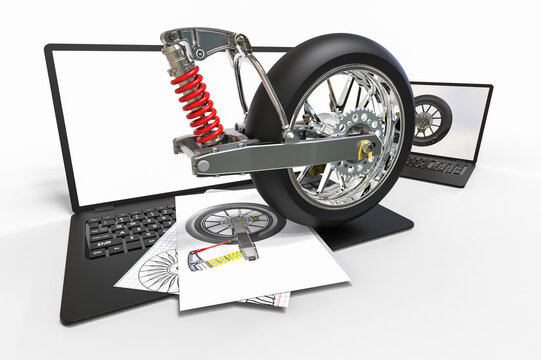 3D render image of a motorbike suspension and two laptops representing CAD