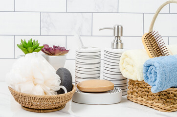 Set of eramic pump bottle for liquid soap or shampoo with herbal soap.