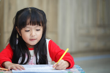 Asian little girl learning and writing in notebook with pencil
