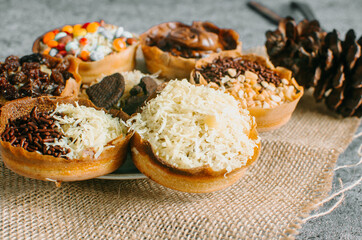 Martabak Manis is Indonesia dessert. Sweet Martabak with chocolate, cheese, peanut. this picture in white background and blurry, selective object.
