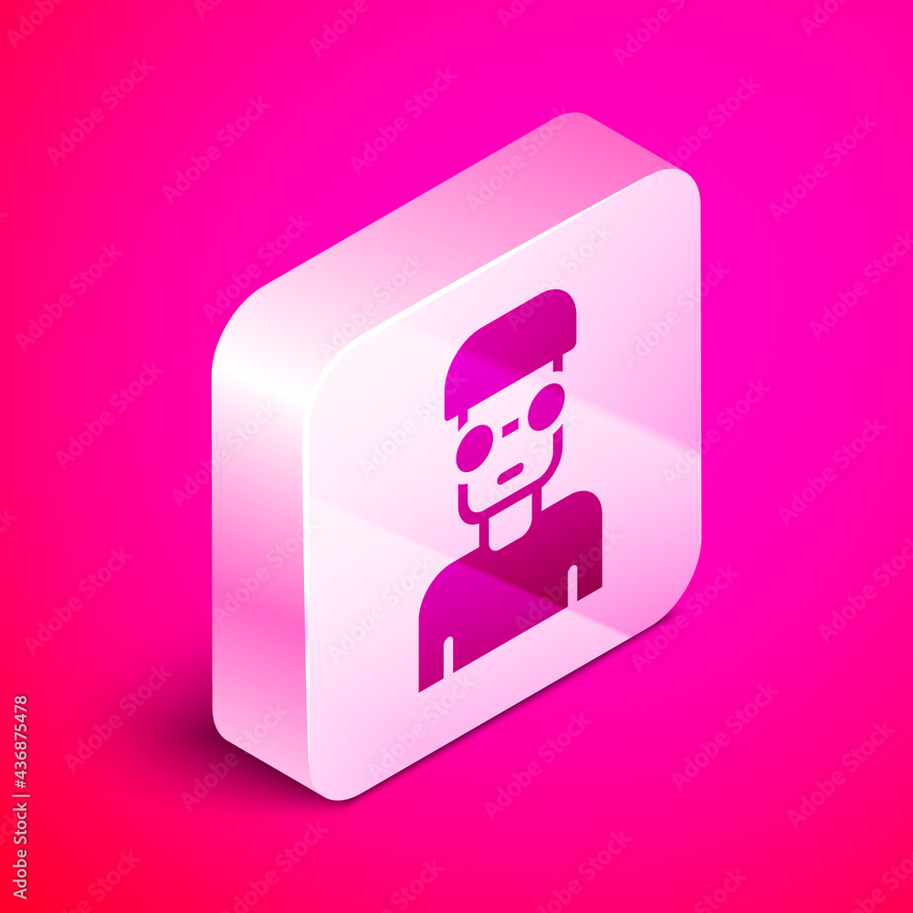Poster isometric nerd geek icon isolated on pink background. silver square button. vector