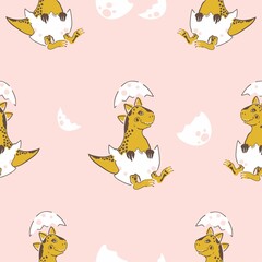 Vector seamless pattern baby dinosaur hatched with eggs. Newborn dinosaur, dinosaur eggs baby pattern on soft pink background. Design for printing on textiles, children's clothing, wallpaper, paper.