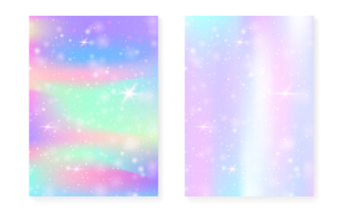 Rainbow background with kawaii princess gradient. Magic unicorn hologram.