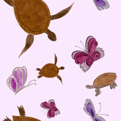 seamless pattern with turtles and butterflies