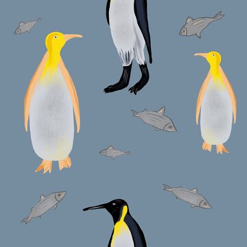 seamless pattern with penguins and fish