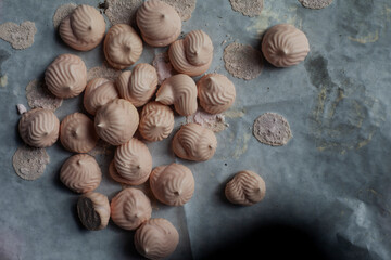 Homemade marshmallows. Pink marshmallows. Marshmallow with black currant. Homemade sweets.
