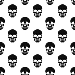 Skulls black and white vector pattern, endless background. Fashionable print.