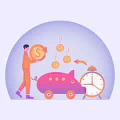 Businessman Carry Gold Coin Pig Piggy Bank Concept Saving Money Saving Cashback. Making money, banking, business and finance, loans and investments. Vector illustration.