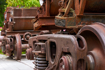 Abandoned railway old mine car close-up
