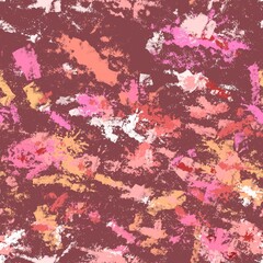 Seamless pattern of abstract textural elements of yellow and pink shades on a dark brown background for textiles.