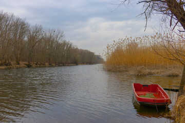 View of the river bank with blue sky 