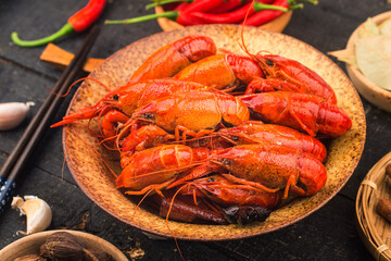 Crayfish. Red boiled crawfishes on table in rustic style,  Lobster closeup.