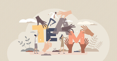 Teamwork hands as group holding team letters together tiny person concept. Community partnership and cooperation for common goal and job vector illustration. Employees connection and collaboration.