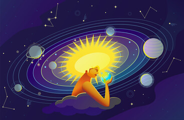 The solar system. The sun-woman holds the Planet Earth in her hands. Astronomy. Vector illustration.