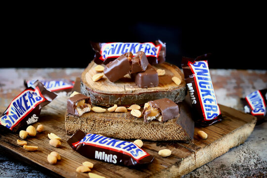 Snickers mini candy bars heap is a chocolate bar with maple almond butter  candy ang almond butter candy bar Stock Photo