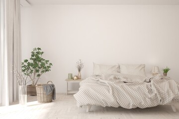 Soft color bedroom interior. Scandinavian design. 3D illustration
