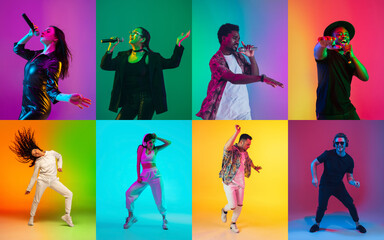 Singers againts dancers. Portrait of group of people on multicolored background in neon light, collage.