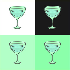 One line drawing vermouth glass on various background. Four types of images. Colored cartoon graphic sketch. Continuous line way. Hand drawn party drinks concept. Freehand drawing style
