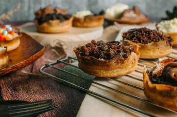 Martabak Manis is Indonesia dessert. Sweet Martabak with chocolate, cheese, peanut. this picture in white background and blurry, selective object.